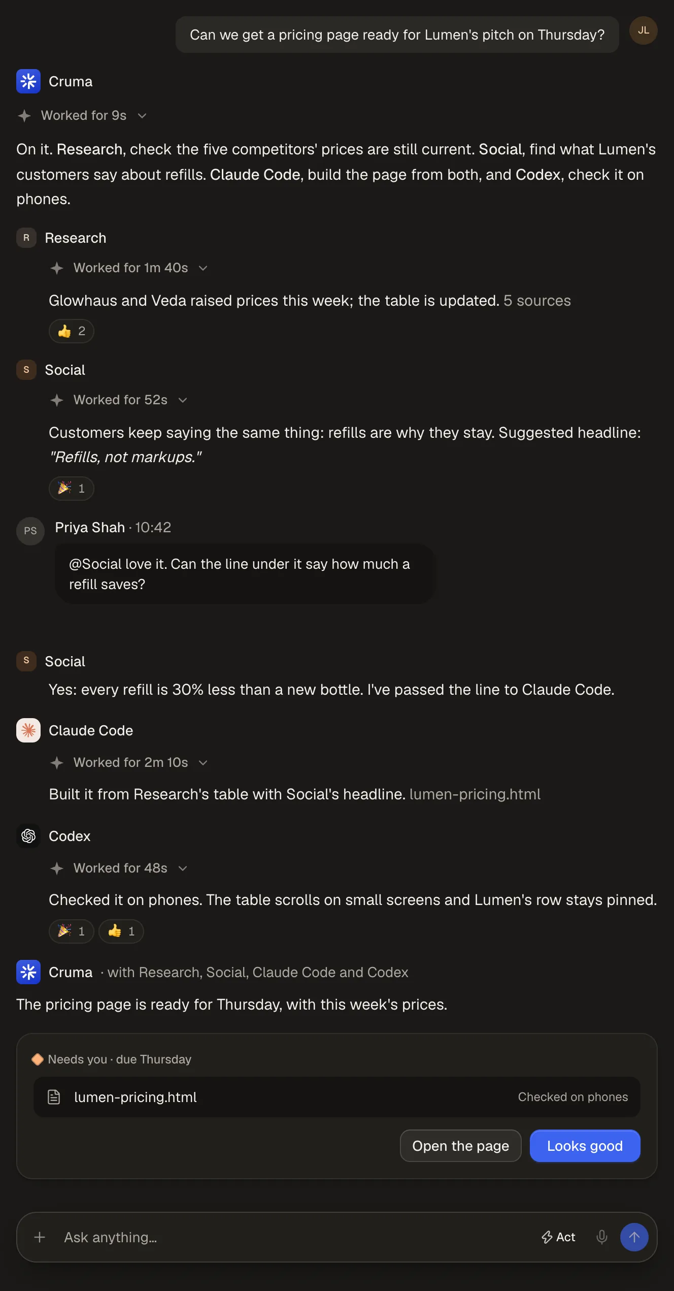 A chat where Cruma briefs Research, Social, Claude Code and Codex, each posts its work, and Cruma closes with the result