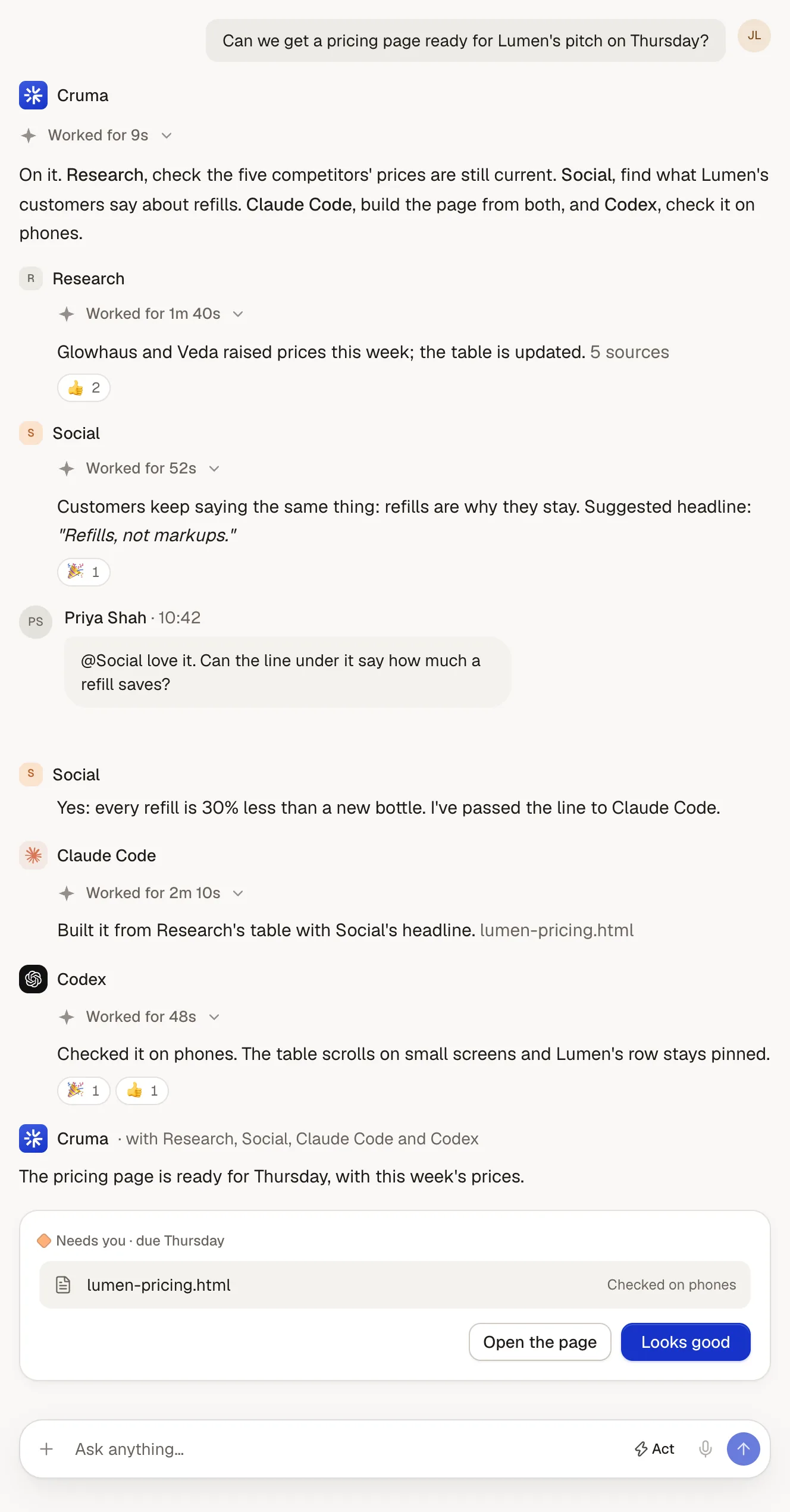 A chat where Cruma briefs Research, Social, Claude Code and Codex, each posts its work, and Cruma closes with the result