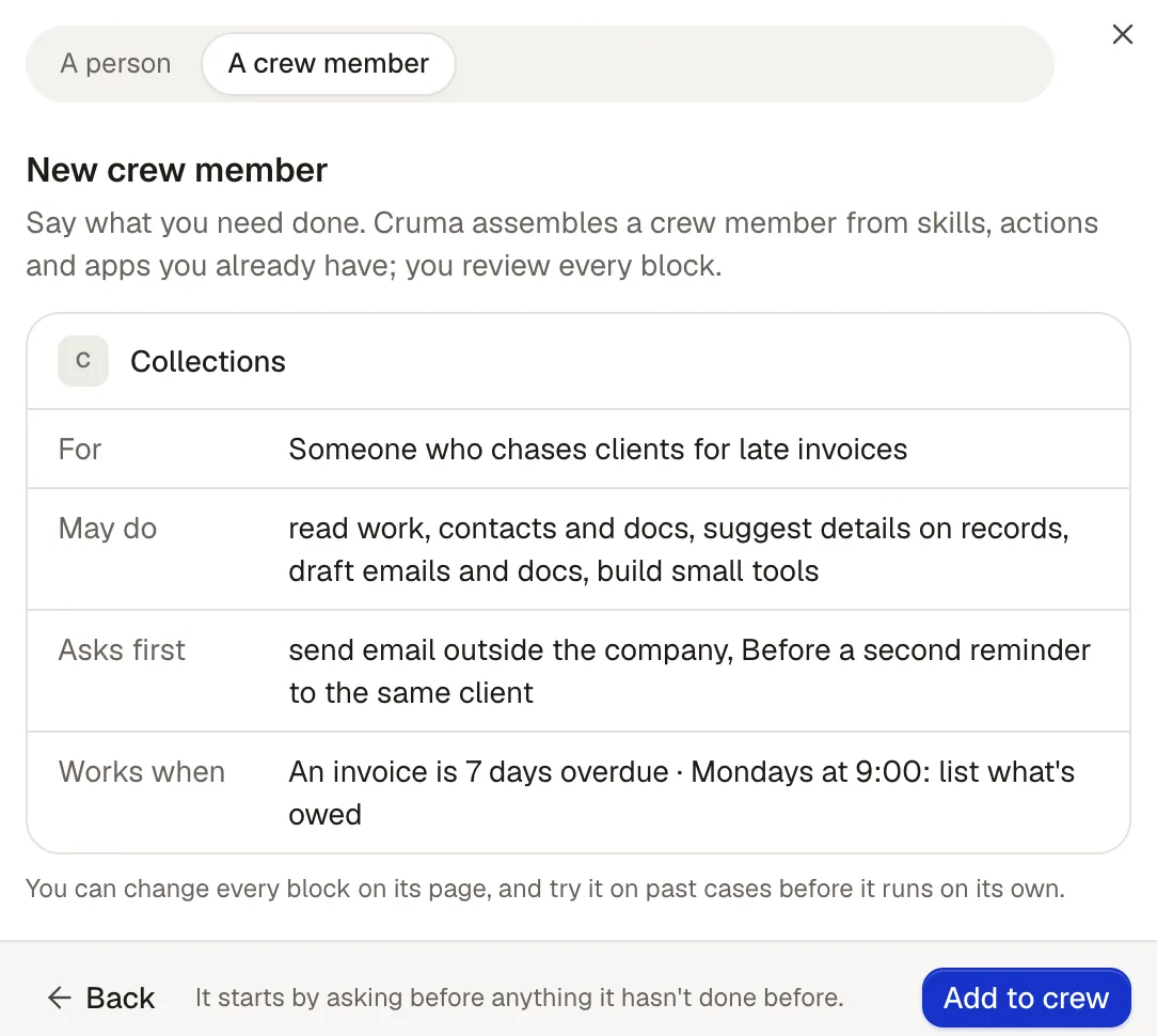 Cruma's draft, Collections: For, someone who chases clients for late invoices; May do; Asks first, send email outside the company and before a second reminder to the same client; Works when an invoice is 7 days overdue and Mondays at 9:00