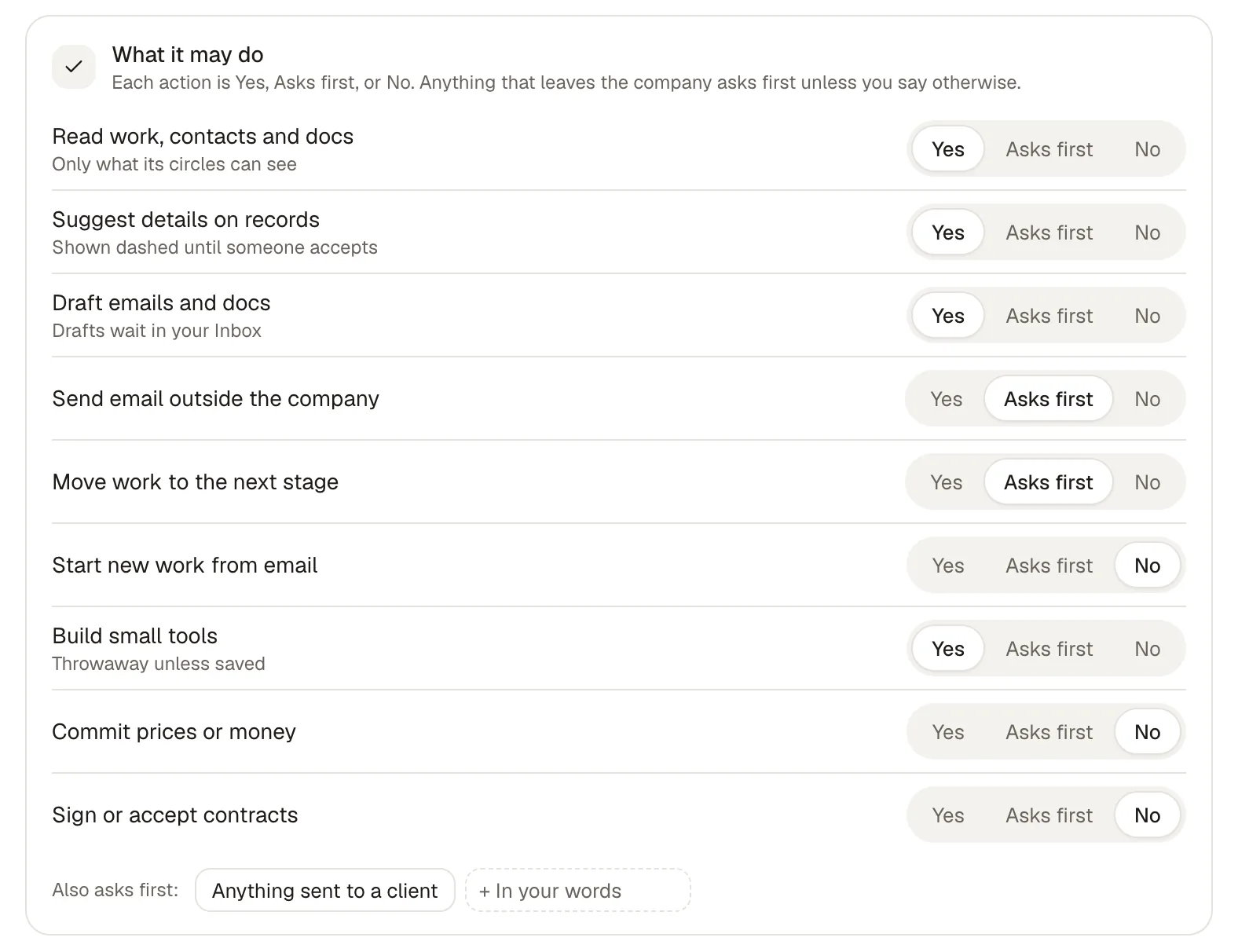 What it may do: each action with a Yes, Asks first or No switch, and Also asks first: Anything sent to a client