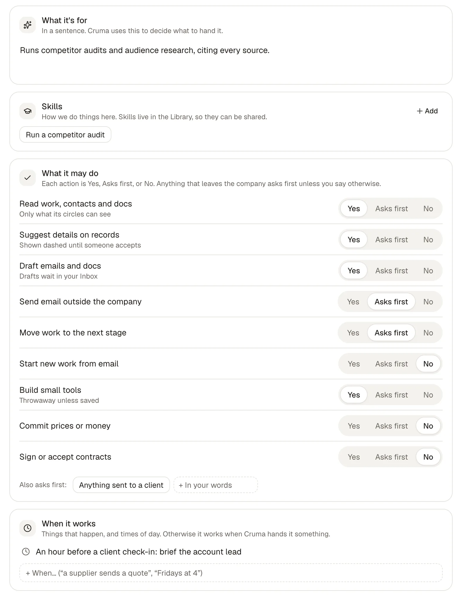 Research's setup: What it's for, Skills with Run a competitor audit, What it may do with each action set, and When it works