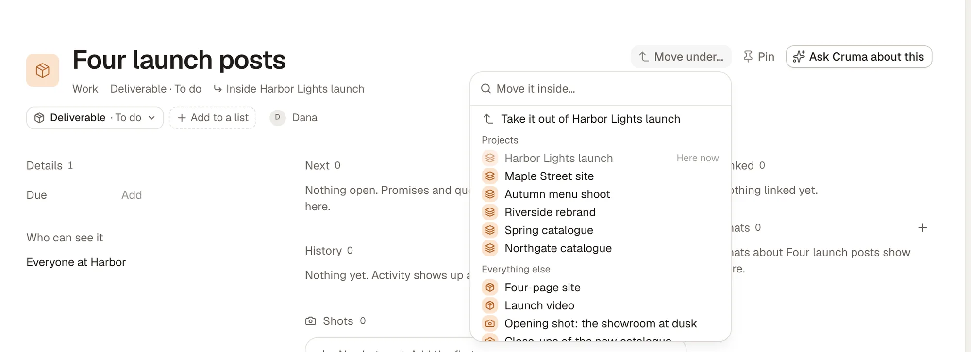 Move under on Four launch posts: a search box, Take it out of Harbor Lights launch, then Projects, with Harbor Lights launch marked Here now, and everything else to move it into