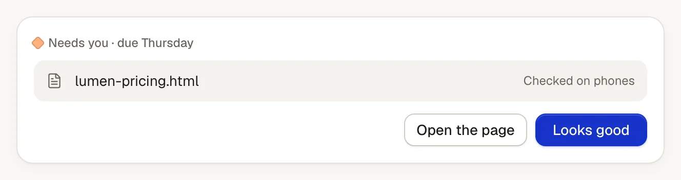 Needs you, due Thursday: lumen-pricing.html, checked on phones, with Open the page and Looks good