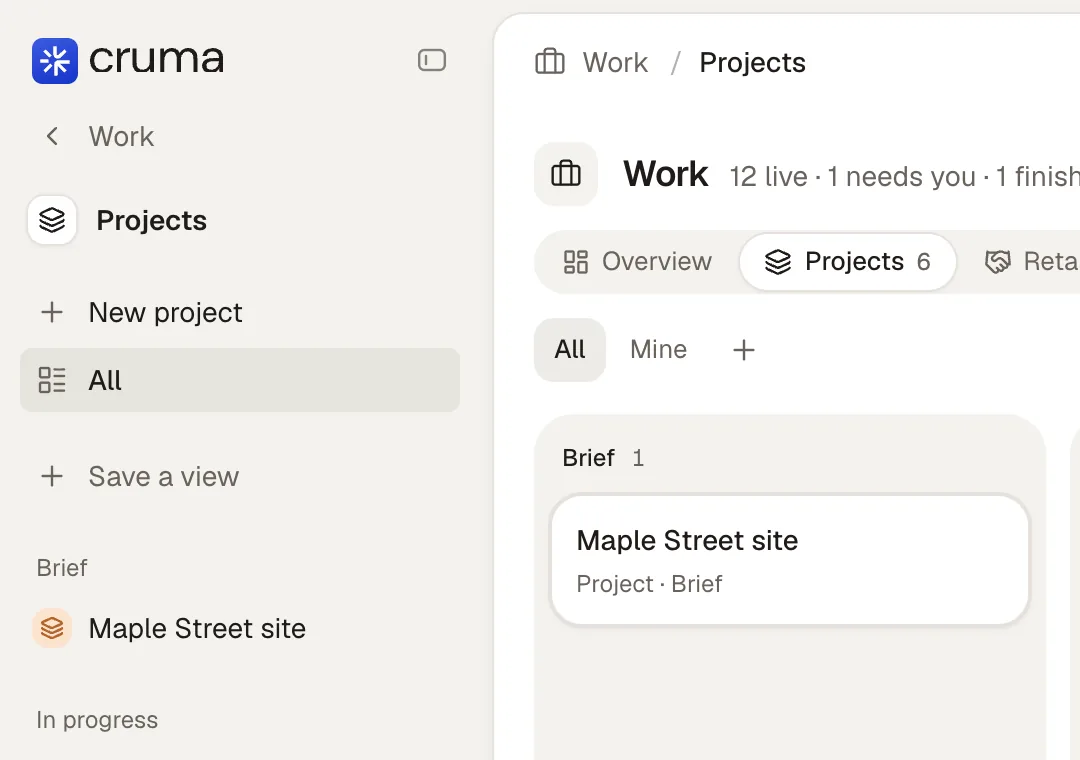 The sidebar inside Projects: ‹ Work, Projects, New project and All, then Save a view with a +, and the projects grouped by step; beside it, the Projects board with the view tabs All, Mine and +