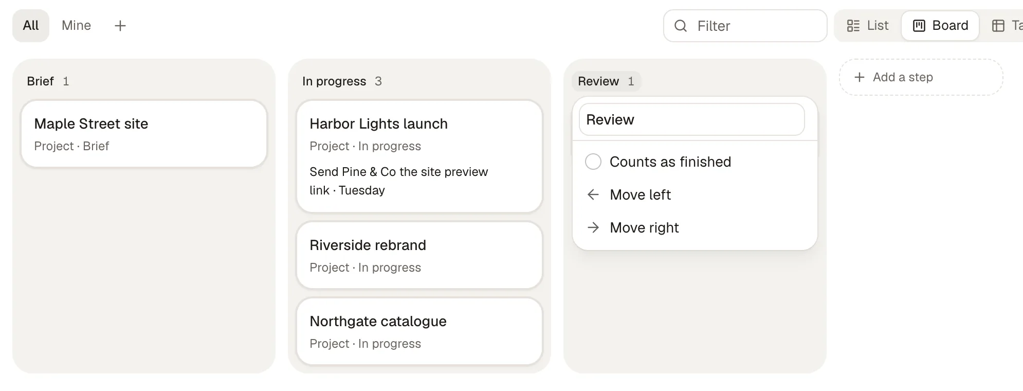 The Projects board with the Review step's menu open: its name to type over, Counts as finished, Move left and Move right; Add a step sits after the last step