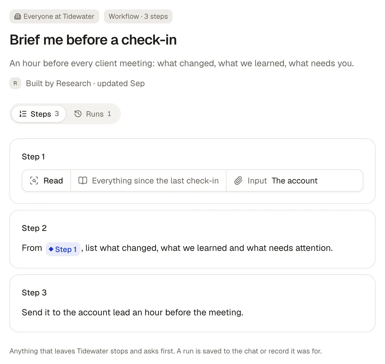 The workflow Brief me before a check-in: three steps (read everything since the last check-in, list what changed, send it to the account lead), with Steps and Runs tabs